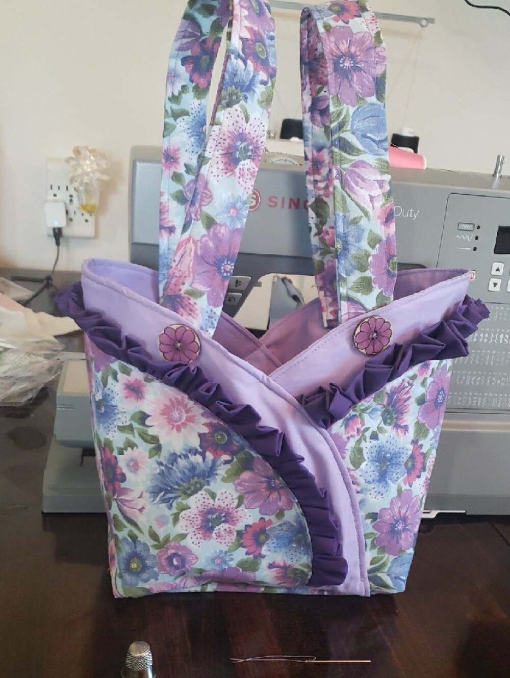Floral Purple Ruffle Tote Bag - Women's Everyday Handbag. Handmade Tulio Bag. - Picture 2 of 3